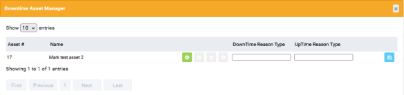 Downtime Asset Manager popup that opens when you click the clock face icon